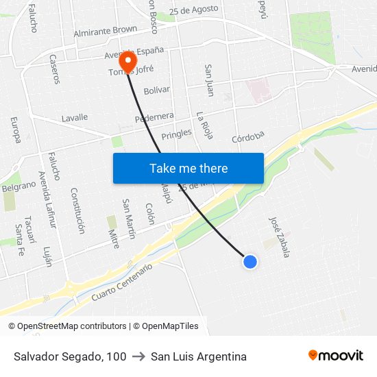 Salvador Segado, 100 to San Luis Argentina map