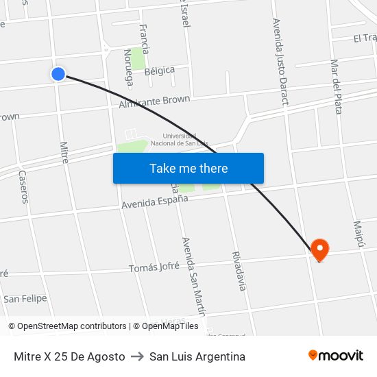 Mitre X 25 De Agosto to San Luis Argentina map