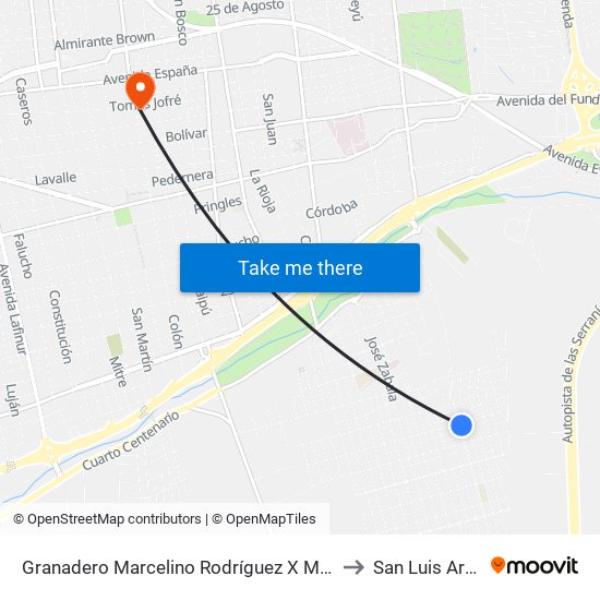 Granadero Marcelino Rodríguez X Mercedes Aguilera to San Luis Argentina map