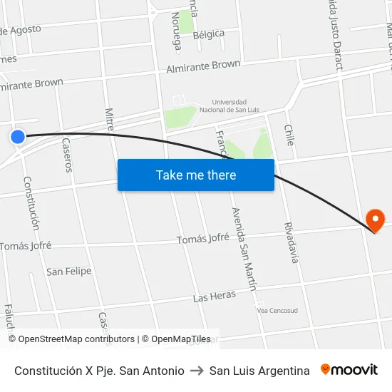 Constitución X Pje. San Antonio to San Luis Argentina map