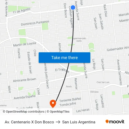 Av. Centenario X Don Bosco to San Luis Argentina map