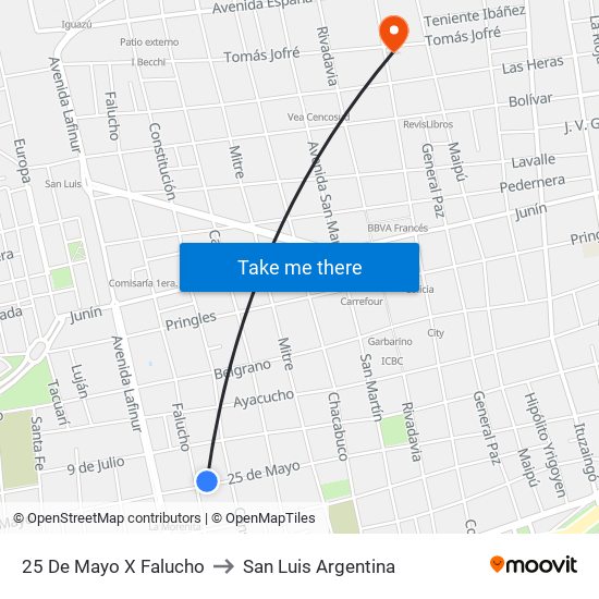 25 De Mayo X Falucho to San Luis Argentina map