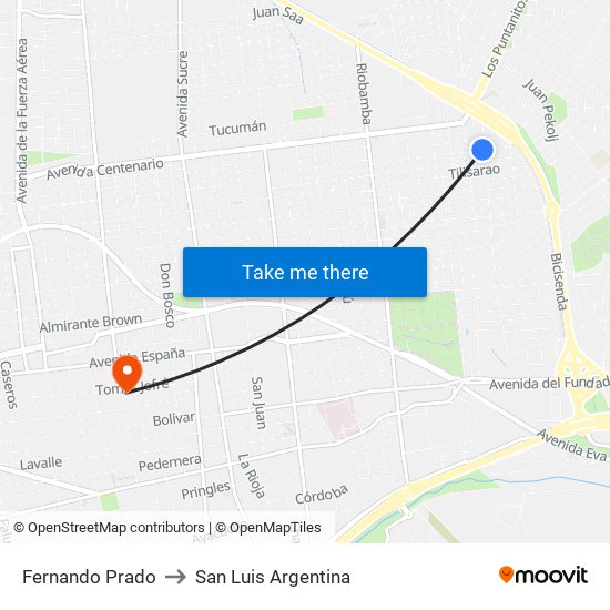 Fernando Prado to San Luis Argentina map