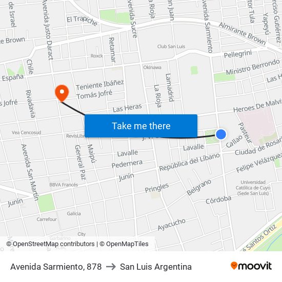 Avenida Sarmiento, 878 to San Luis Argentina map