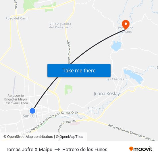 Tomás Jofré X Maipú to Potrero de los Funes map