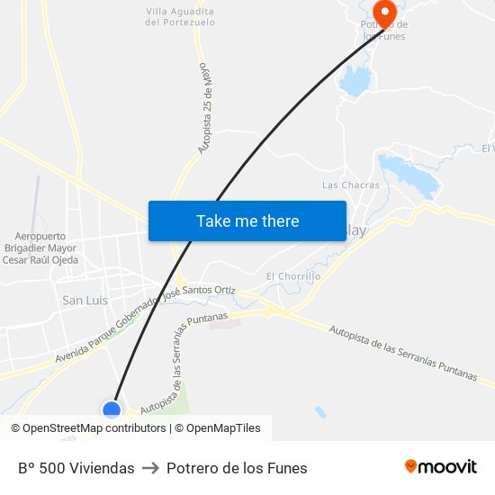 Bº 500 Viviendas to Potrero de los Funes map