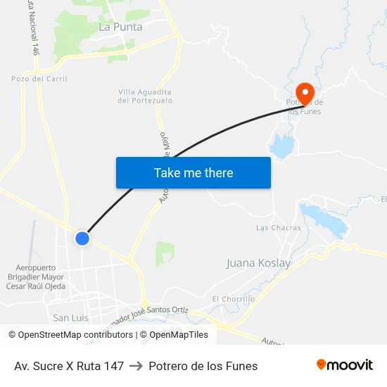 Av. Sucre X Ruta 147 to Potrero de los Funes map