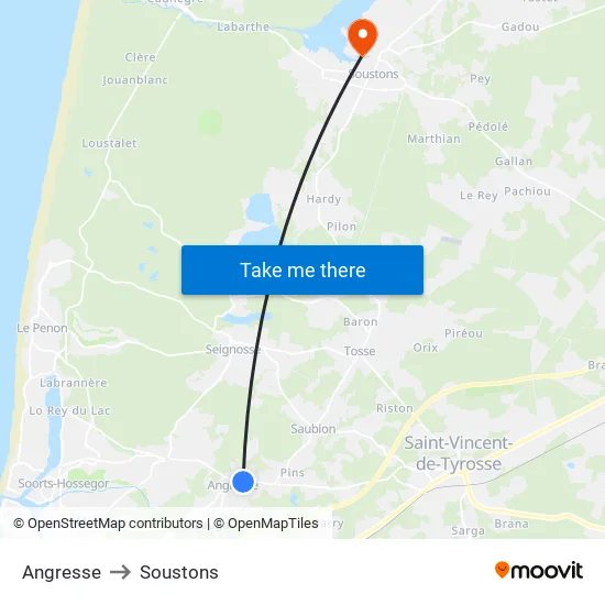 Angresse to Soustons map