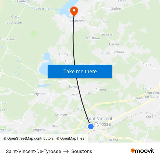 Saint-Vincent-De-Tyrosse to Soustons map