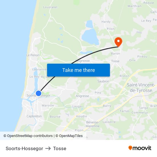 Soorts-Hossegor to Tosse map