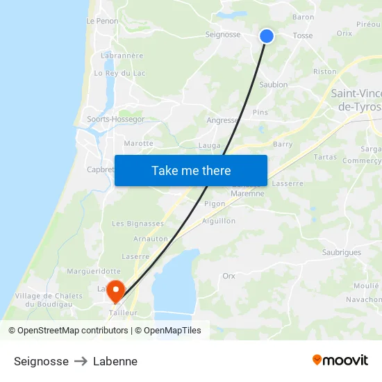 Seignosse to Labenne map
