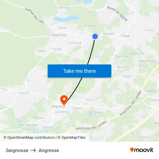 Seignosse to Angresse map