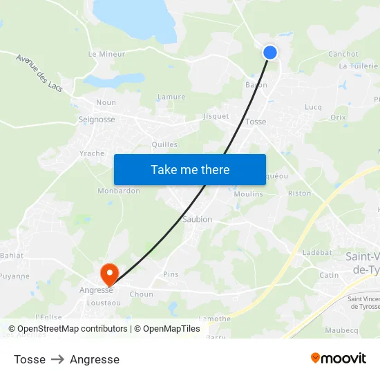 Tosse to Angresse map
