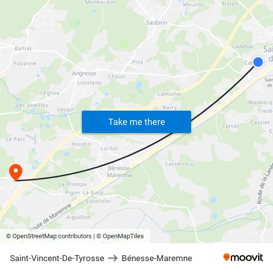 Saint-Vincent-De-Tyrosse to Bénesse-Maremne map