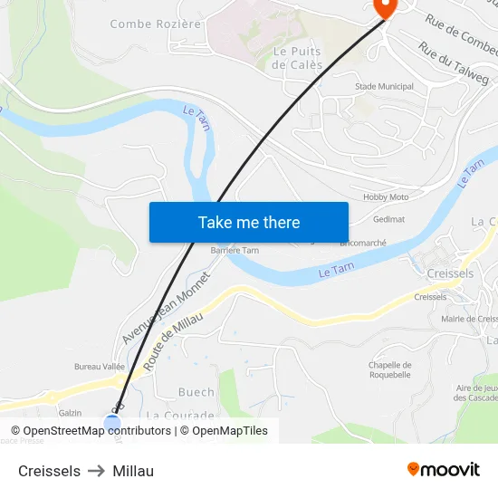 Creissels to Millau map