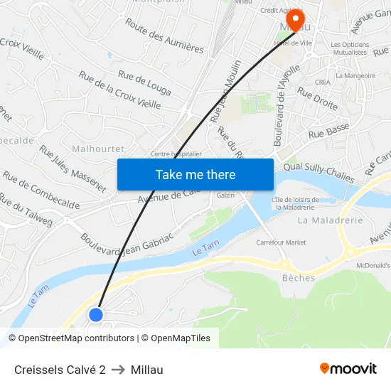 Creissels Calvé 2 to Millau map