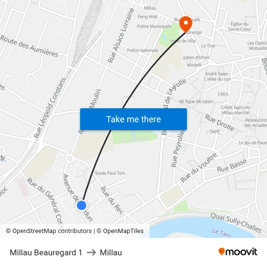 Millau Beauregard 1 to Millau map