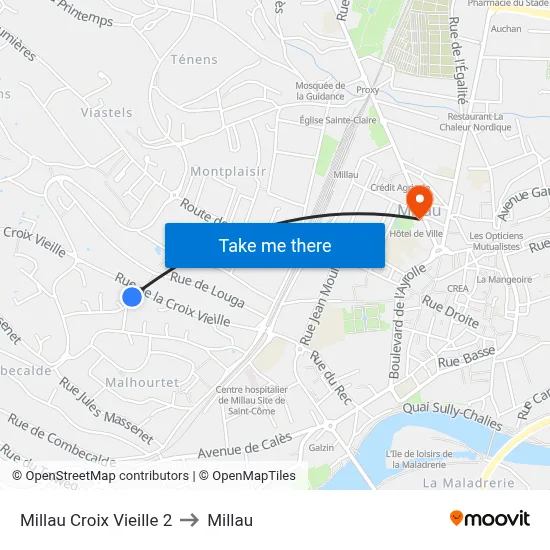 Millau Croix Vieille 2 to Millau map