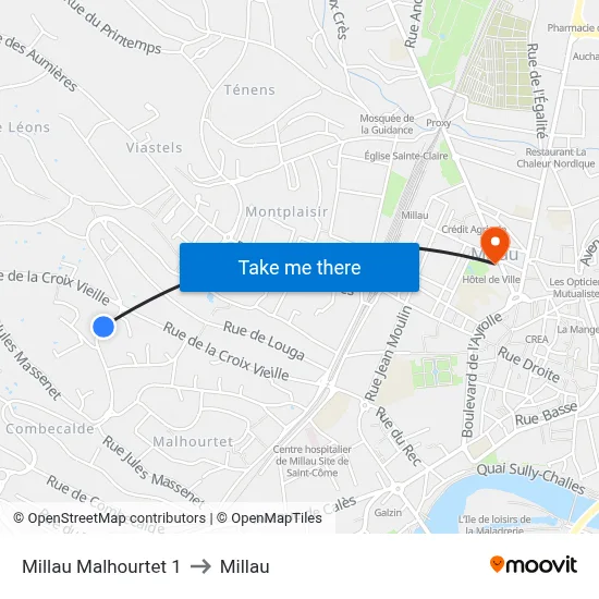 Millau Malhourtet 1 to Millau map