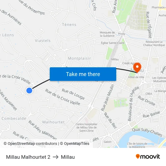 Millau Malhourtet 2 to Millau map