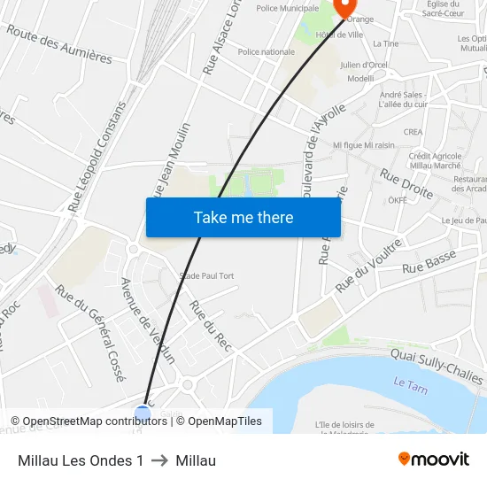 Millau Les Ondes 1 to Millau map