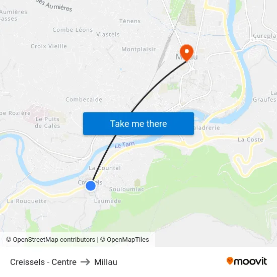 Creissels - Centre to Millau map