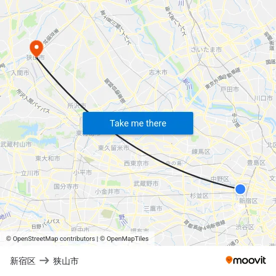 新宿区 to 狭山市 map