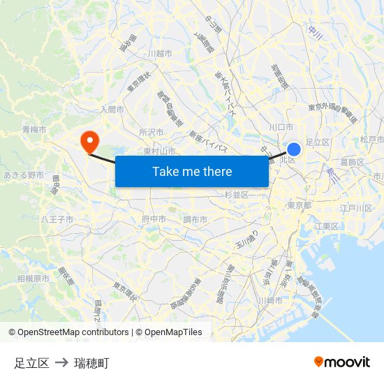 足立区 to 瑞穂町 map