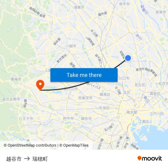 越谷市 to 瑞穂町 map