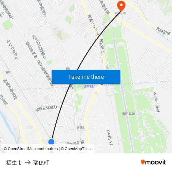 福生市 to 瑞穂町 map