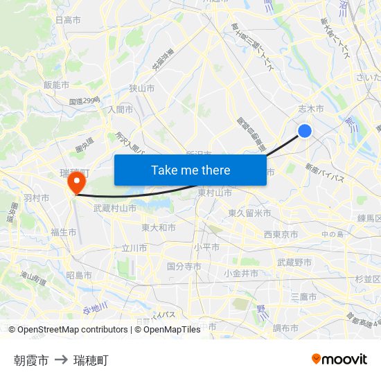 朝霞市 to 瑞穂町 map