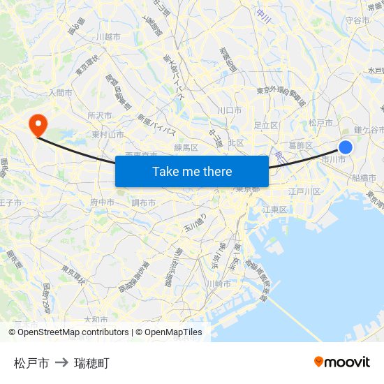 松戸市 to 瑞穂町 map