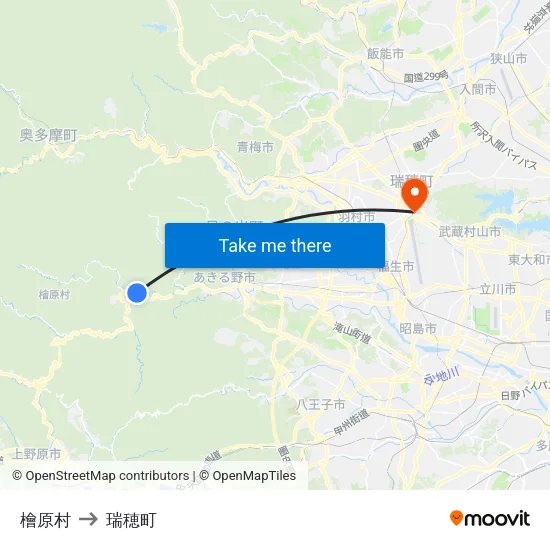 檜原村 to 瑞穂町 map