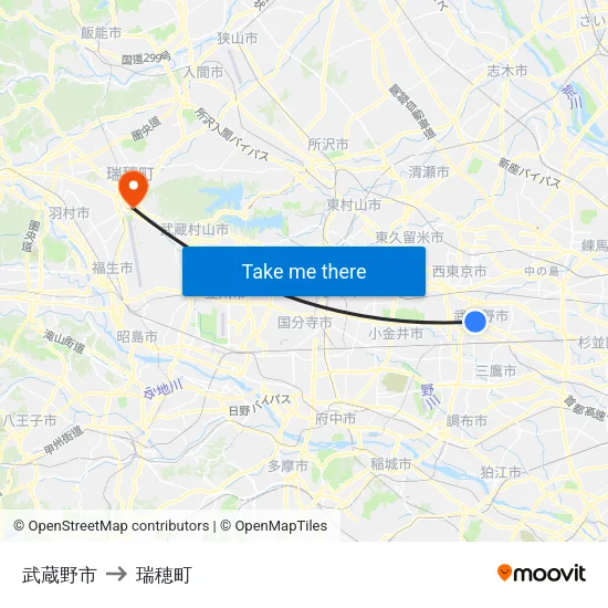 武蔵野市 to 瑞穂町 map