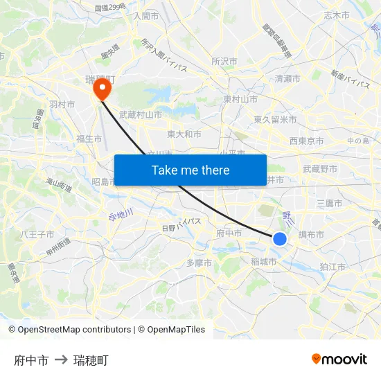 府中市 to 瑞穂町 map