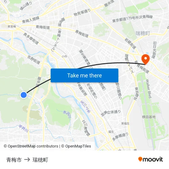 青梅市 to 瑞穂町 map