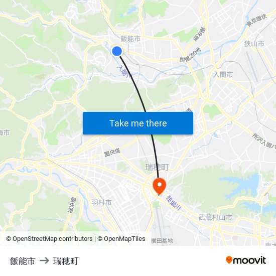 飯能市 to 瑞穂町 map