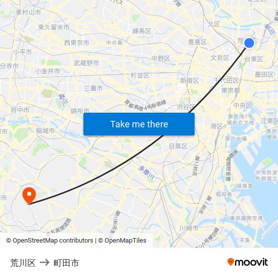 荒川区 to 町田市 map