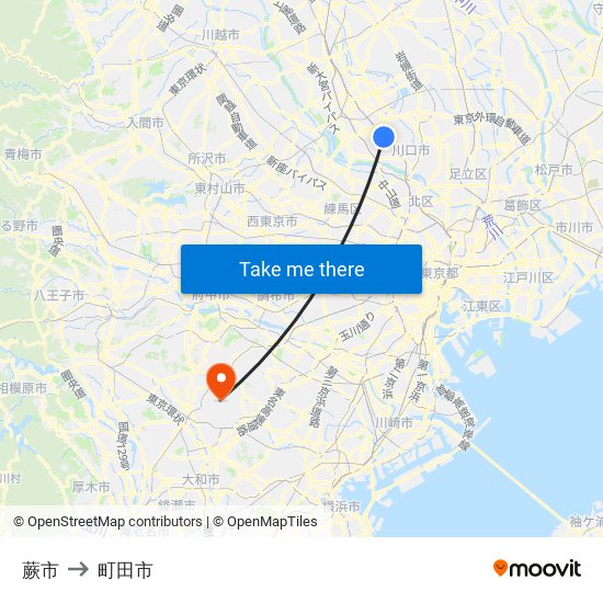 蕨市 to 町田市 map