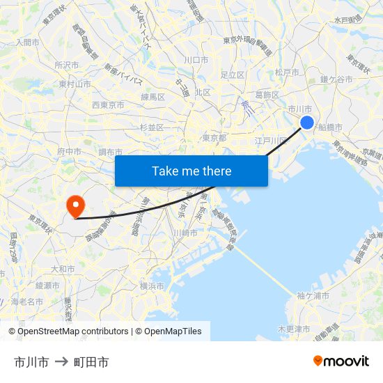 市川市 to 町田市 map
