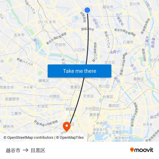 越谷市 to 目黒区 map