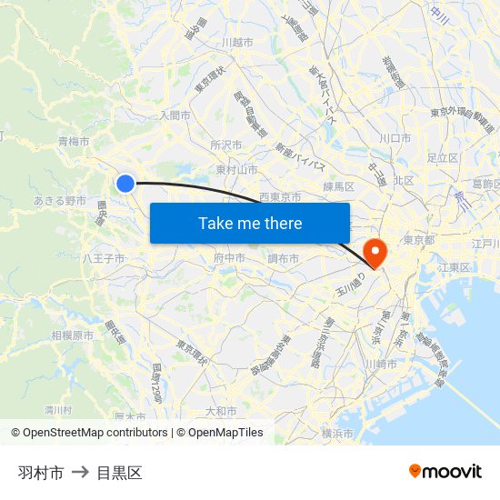 羽村市 to 目黒区 map