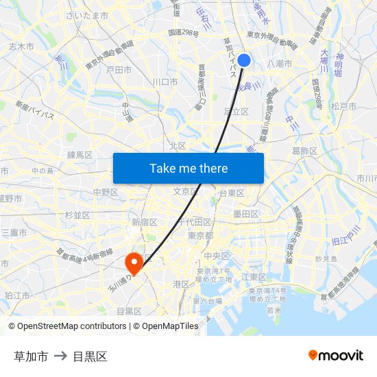 草加市 to 目黒区 map