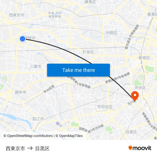 西東京市 to 目黒区 map