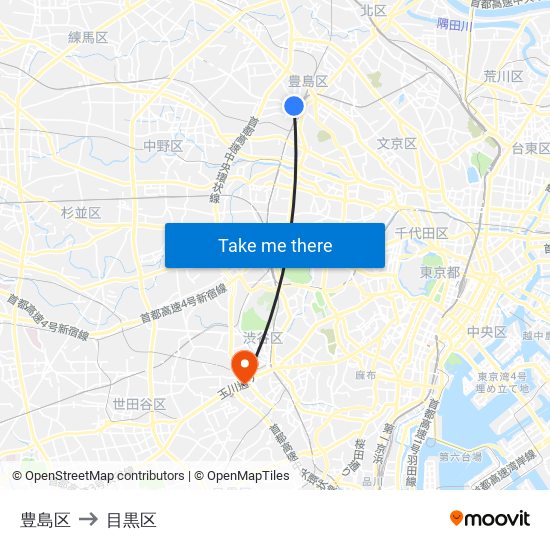 豊島区 to 目黒区 map