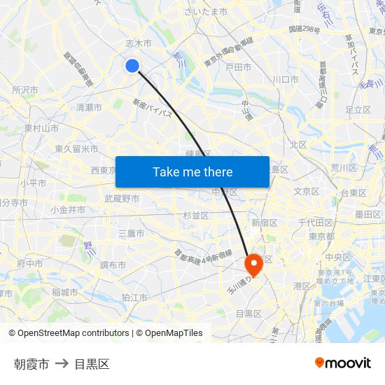 朝霞市 to 目黒区 map