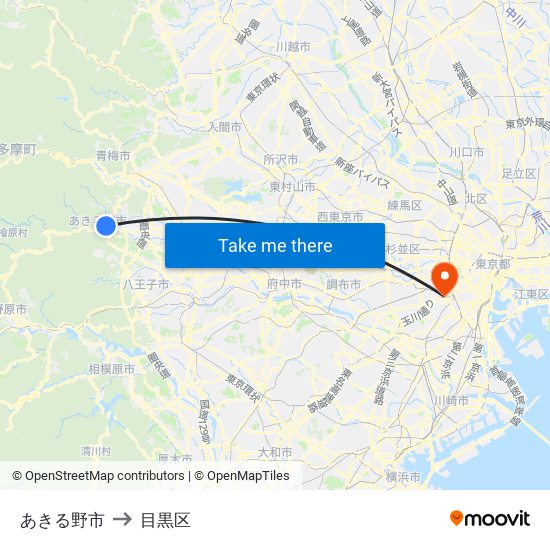 あきる野市 to 目黒区 map