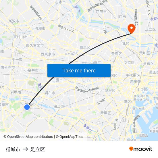 稲城市 to 足立区 map