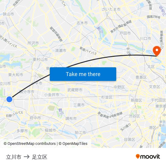 立川市 to 足立区 map