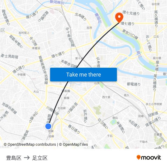 豊島区 to 足立区 map
